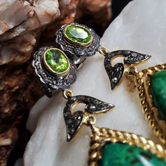 Sterling Silver 925/14k Gold Earrings Diamond African Chrysocolla Natural Stone - Picture 3 of 11